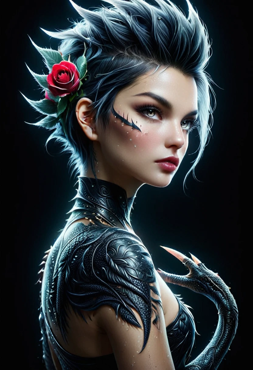 ( best quality , 4K, 8k,  High resolution , masterpiece: 1.2),  ultra detailed : 1.4,   Back of a beautiful punk woman with a black dragon tattoo with roses,  perfect body , mohawk hair:1,3 (photorealistic , intricate details: 1.37),  highly detailed face ,   extremely detailed facial features  , hyper-realistic skin texture,  Detailed skin texture , masterpiece, 8k,  detailed and beautiful eyes ,  beautiful and detailed lips ,   extremely detailed face ,  long lashes, realistic, extremely detailed fine , photorealistic,  dramatic lighting ,  dark lighting ,  cinematic lighting ,  physically based rendering ,  vivid colors ,  dramatic lighting , intricate details,  cinematographic composition , gothic fashion, dramatic pose