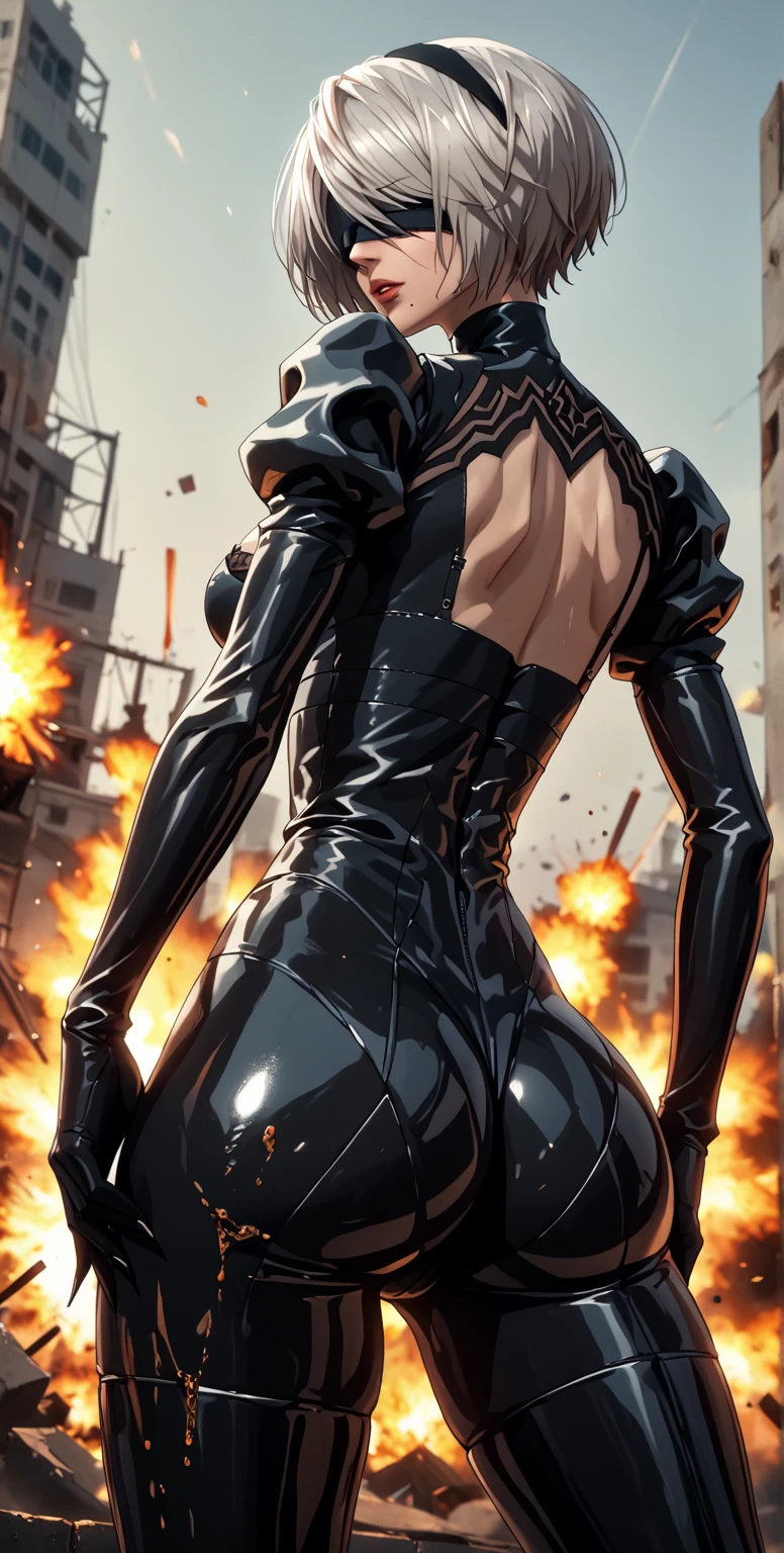 score_9,score_8_up,score_7_up, score_6_up, score_5_up,source_anime, full body portrait, boudoir, sfw, arcane liquid fluid, sexy, alluring, erotic, an explosion of Liquid Metal, dystopian decaying city, metallic paint twisting into a beautiful interpretation of 2b, yorha no. 2 type b, short hair, silver hair, black hairband, mole, black hairband, blindfold, covered eyes, black blindfold, furrowed eyebrows, very silver hair, undercut hair, one side of hair shaved, female, black virgin bodysuit, busty, curvy hips, form fitting, seductive, curvaceous, (fake breasts), black bra and panties, curvy ass, thick thighs, black garterbelt, dutch angle tilt, looking at viewer, legs spread wide open, aroused, black bodysuit, dynamic angle, three-quarters view), (solo), long claws, rear view