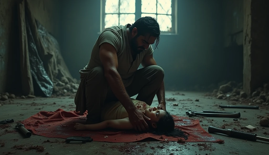 a long hair rugged Malay man criminal murder a malay woman death body Head with a machete. fierce face. background of tropical forest. cinematic shot. horror film still. asian horror movie. evil, eerie, gore film