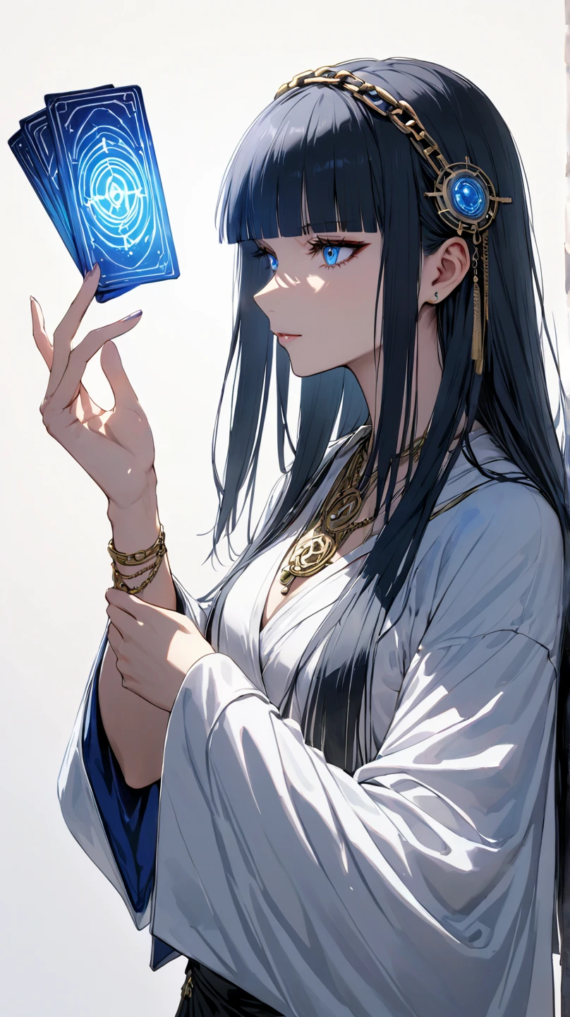 from side ,cowboy shot, Female Tarot reader holding one card,Grab the card with your fingers. hands holding card,miniskirt , fortune teller's robe,Fortune teller's chain hair ornament,hand, {{masterpiece}}, {{{Highest quality}}},{{Very detailed}},,Straight hair,Long hair , blunt bangs,blue eyes,One card,,(((white background))),girl
,cyberpunk,