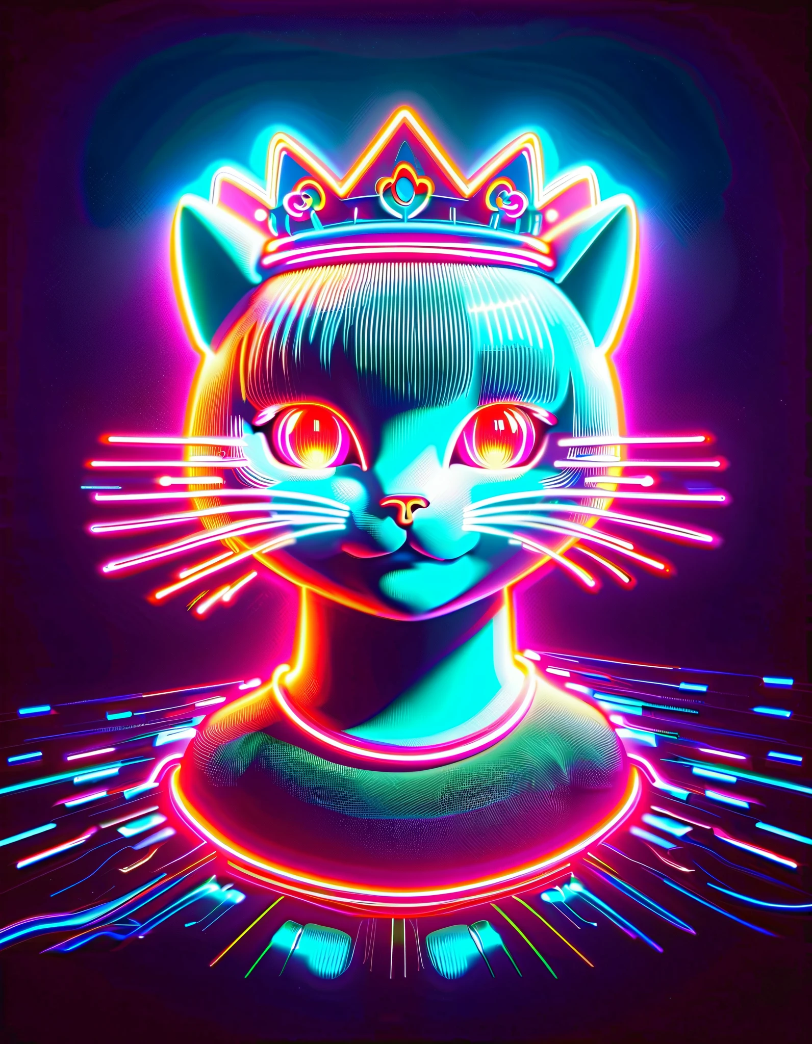 RGB color shift, chromatic aberration, RGB shift, Video glitch photo effect, Color noise texture, Video-like noise processing. Highly detailed romantic retro pop background, vaporwave style. A retro head crown cat girl with a pretty face, straight bangs arranged horizontally, long hair, idol style. She is wearing an idol outfit with bare shoulders.