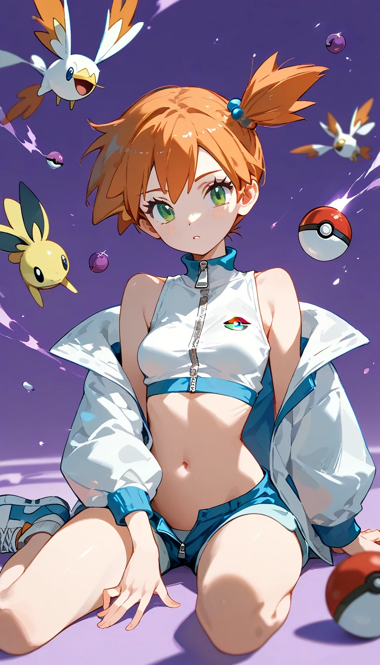 Character Misty_pokemon , Berry Short,Orange Hair, one side up hair ,Big green eyes,Small breasts ,Skinny .pokemon. White sleeveless crop top, Blue short , white jacket with blue detail on zipper and sleeves. Red and white sneakers. emotionally disconnected from her surroundings or the people around her. purple background, fading to black at the corners. emotional disconnection , melancholic, PokeBall, Accion , different expression 