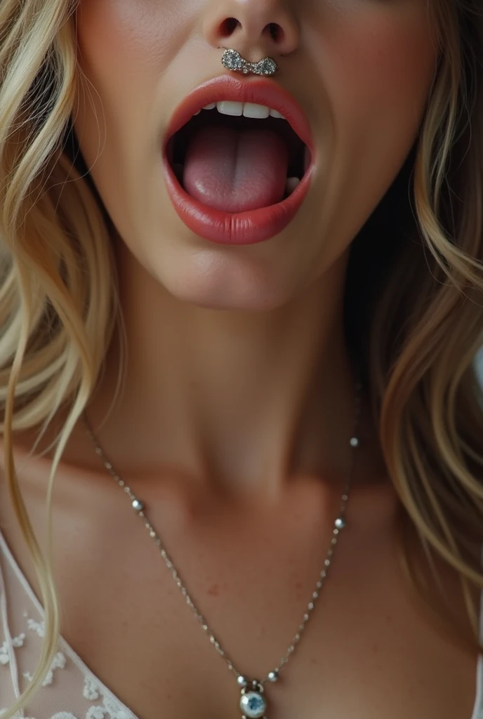 Create a photo of a 30 year old woman, frightened, with a slender and beautiful body, completely naked, with white and clear skin, with long light brown hair being carried on the shoulders of a fat teenage girl 