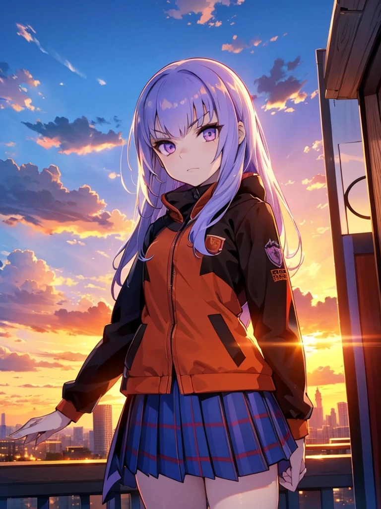 cityscape, Building, skyline, sunset, A silhouette with cumulonimbus clouds in the background , meditation. Watching the beautiful sunset, sunset時に, sunset時, sunsetとともに, In the sunset, Amazing Scenery , Sunset view, With the sunset, sunset時に, During Golden Hour, looking sunset時に, Sunset in the background, Watching the sunset, (masterpiece:1.2, best quality),( Colored Background) ( light blue plaid pleated skirt : 1.2), ( Hi-Res CG Unity 8K Wallpaper , masterpiece, best quality, Very detailed, Best Shadow ), ( detailed background), Mean face、 red eyeliner that makes an impressive impression、 cold eyes 、 has long eyelashes 、 purple eyes、Light purple hair,( Very detailedで精緻な3Dレンダリング)