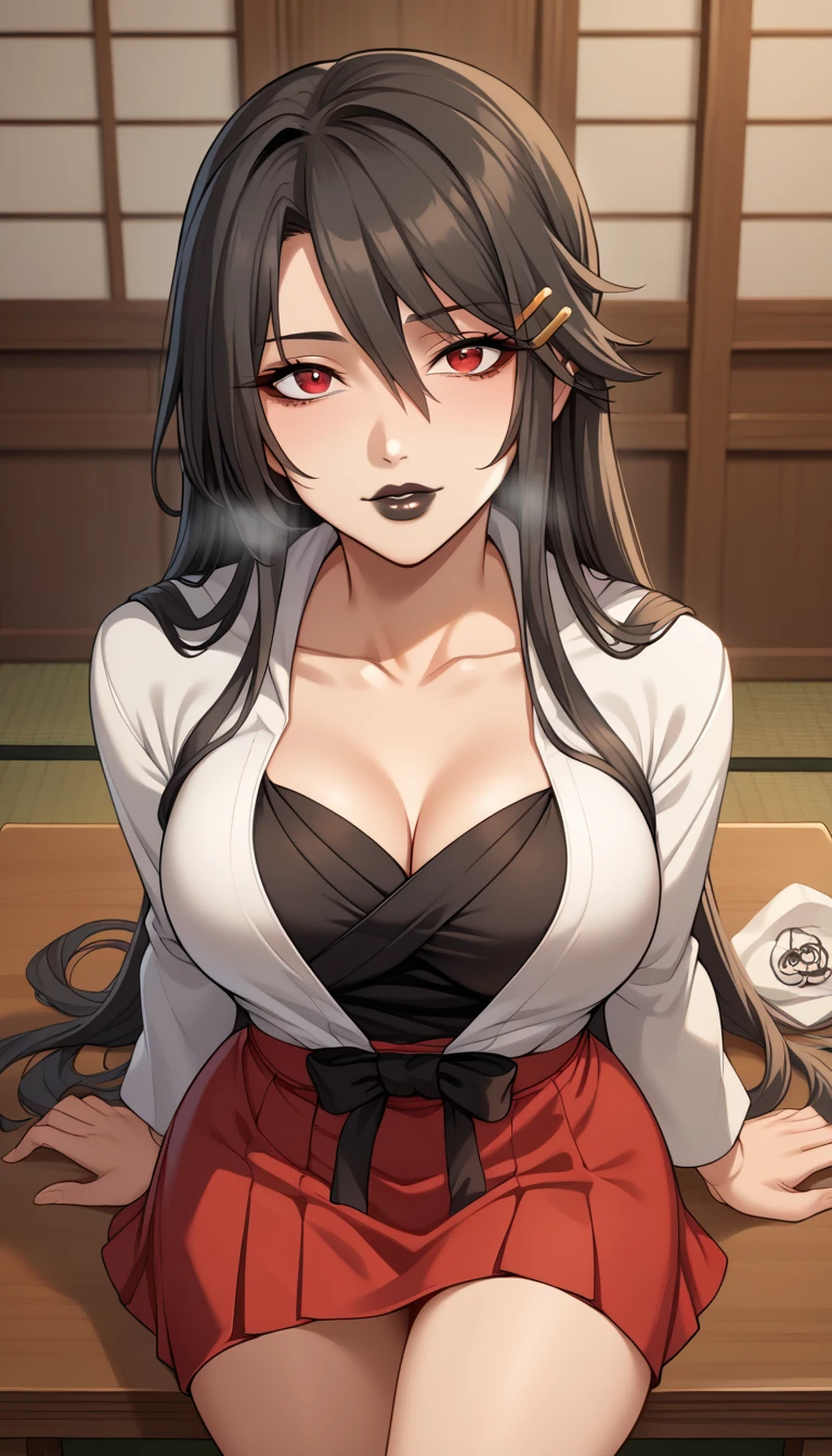  score_9,  score_8_up,  score_7_up,  source_Anime, Game CG, Harunakai is tied behind KC , Long Hair,  skirt,  Hair Ornament , Put a mask on the , Japanese clothing,  hair clips, red  skirt,ノントラディショナルShrine maiden,E cup breasts. thin waist。  for perfect proportions。Slender body。 well-balanced body 。 ,red eyes,Shrine maiden, HOODIE,Long Hair,(  High Quality  , 8k, 4K,  high contrast  , :1.2,  High Quality  , BETTER AESTHETICS  ), (  dynamic angle  ), ((1 female)),  erotic,  functional,  mature body,  super detailed,  detailed beautiful face,  beautiful detailed eyes,  Beautifully detailed mouth ,  sexy body on the desk , Perfect Breathing  ,  Perfect Thighs  , (Caucasian skin),Black Lips, (center), (  staring at the viewer  ),whole body, ミニ skirt, black lips , Black Lips ,Hands in front,full body , toe,simple background,Yandere,gothic girl,