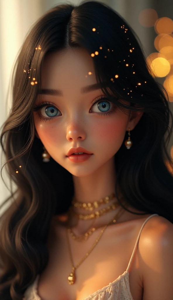 A stunning, 3d render of a female character, portrait, soft lighting. She has long, wavy black hair with delicate strands framing her face, adorned with tiny glowing sparkles as if they were magical fireflies. Her large, expressive blue eyes have a glossy, captivating look with detailed reflections. Her skin is flawless and fair with a soft blush, and a small, subtle beauty mark on her nose. She wears elegant, minimalist gold jewelry, including earrings and a layered necklace. The background is blurred with warm golden bokeh lights, creating a dreamy atmosphere. The mood is enchanting, ethereal, and slightly whimsical. Ultra-high detail, 8K resolution, cinematic rendering