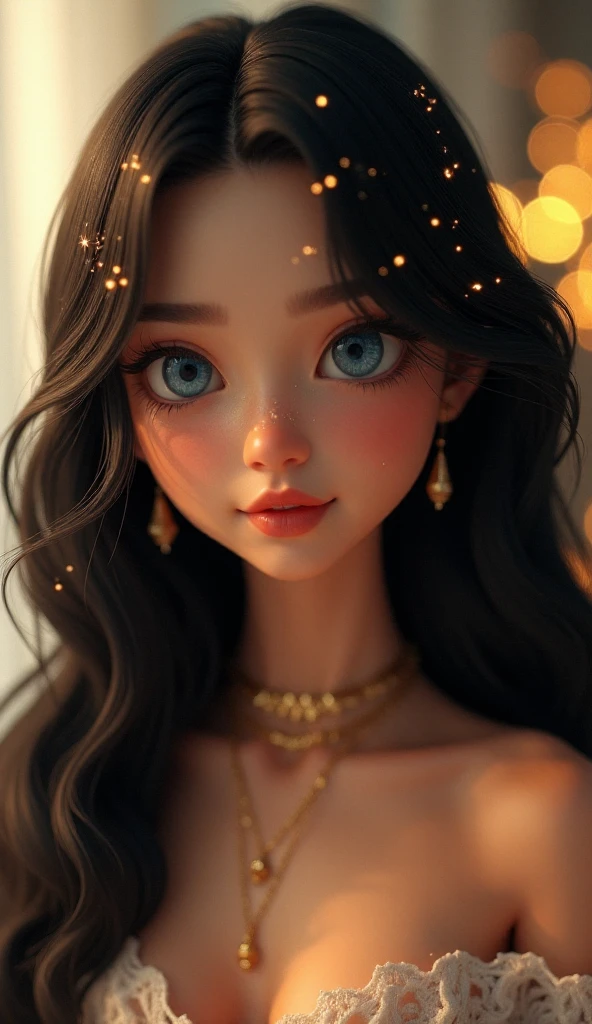 A stunning, 3d render of a female character, full body, soft lighting. She has long, wavy black hair with delicate strands framing her face, adorned with tiny glowing sparkles as if they were magical fireflies. Her large, expressive blue eyes have a glossy, captivating look with detailed reflections. Her skin is flawless and fair with a soft blush, and a small, subtle beauty mark on her nose. She wears elegant, minimalist gold jewelry, including earrings and a layered necklace. The background is blurred with warm golden bokeh lights, creating a dreamy atmosphere. The mood is enchanting, ethereal, and slightly whimsical. Ultra-high detail, 8K resolution, cinematic rendering