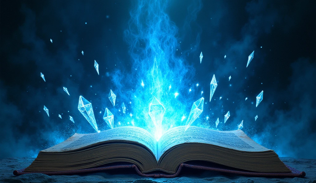 Create a mystical scene featuring an ancient, intricately designed open book at the center, radiating glowing blue light. Surround it with floating geometric shapes and sparkling crystals, creating a sense of enchanting energy. The background should be dark and ethereal, with swirling patterns of light, symbolizing the book’s power to unlock hidden knowledge or magic. Emphasize an atmosphere of wonder and mystery, arte no estilo graphic novel, sandman, desenho feito à mão