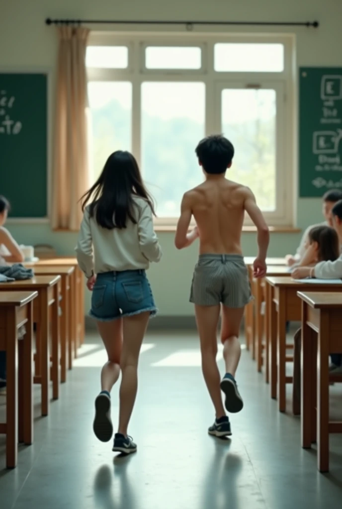 Handsome Korean age boy, wearing eyeglass, cropped short hair, sharp eyes,he is riding a bicycle on school hallway in nude body , sideways turn photo shot
