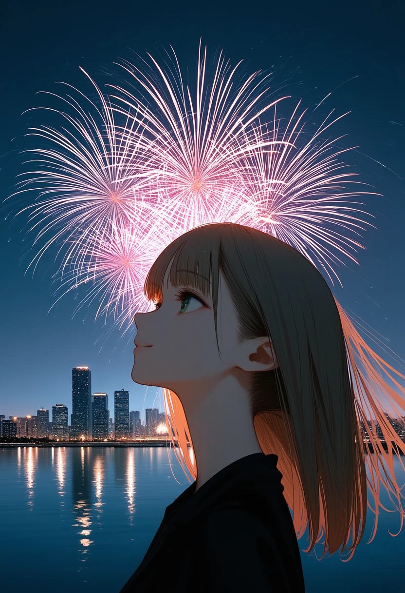 Double exposure photography of the profile of the monochrome smile girl\(smile,Look up\) seamlessly overlaps with colorful, beautiful fireworks that launch into the sky of the city's beautiful lake