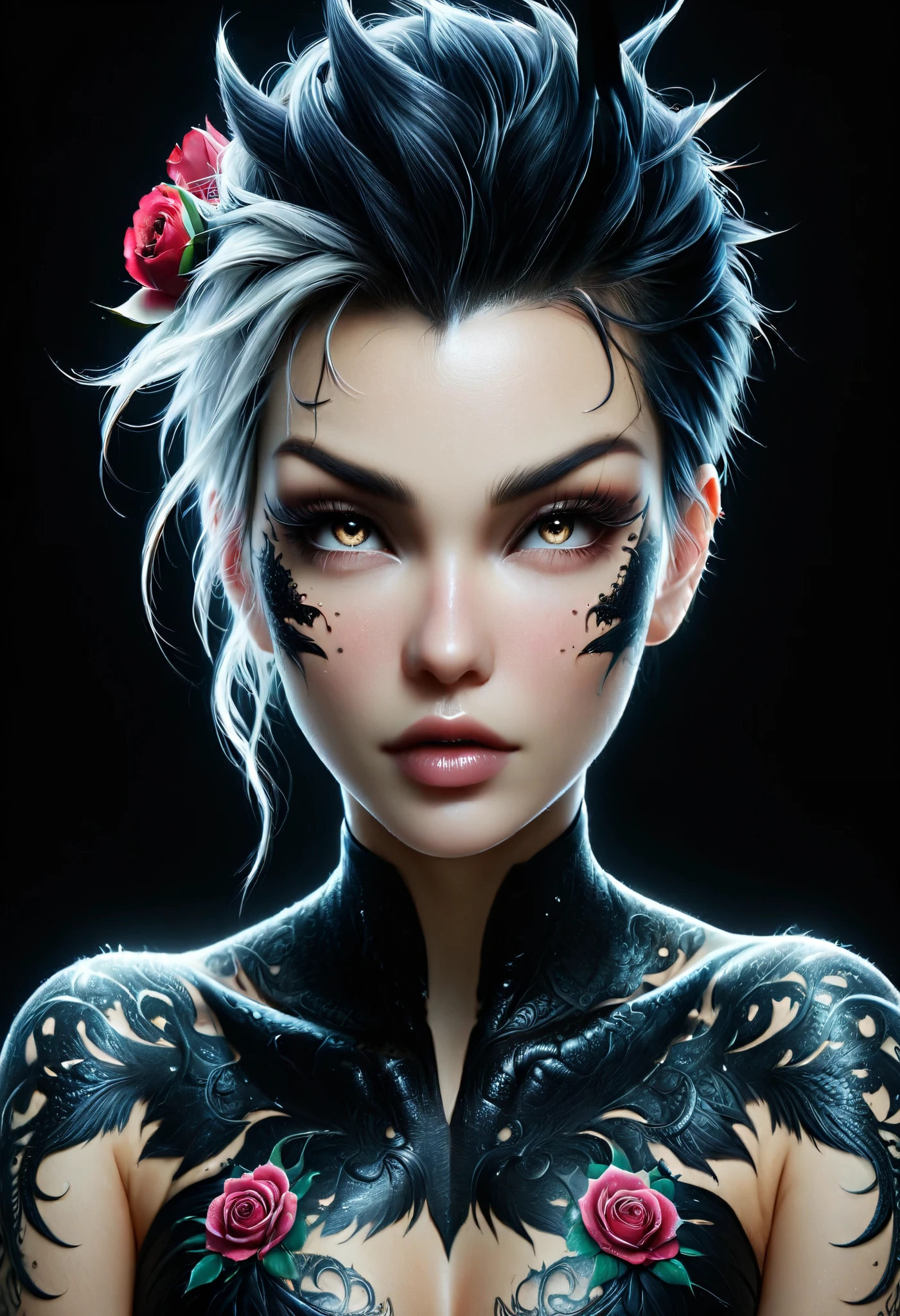 ( best quality , 4K, 8k,  High resolution , masterpiece: 1.2),  ultra detailed : 1.4,   Back of a beautiful punk woman with a black dragon tattoo with roses,  perfect body , mohawk hair:1,3 (photorealistic , intricate details: 1.37),  highly detailed face ,   extremely detailed facial features  , hyper-realistic skin texture,  Detailed skin texture , masterpiece, 8k,  detailed and beautiful eyes ,  beautiful and detailed lips ,   extremely detailed face ,  long lashes, realistic, extremely detailed fine , photorealistic,  dramatic lighting ,  dark lighting ,  cinematic lighting ,  physically based rendering ,  vivid colors ,  dramatic lighting , intricate details,  cinematographic composition , gothic fashion, dramatic pose