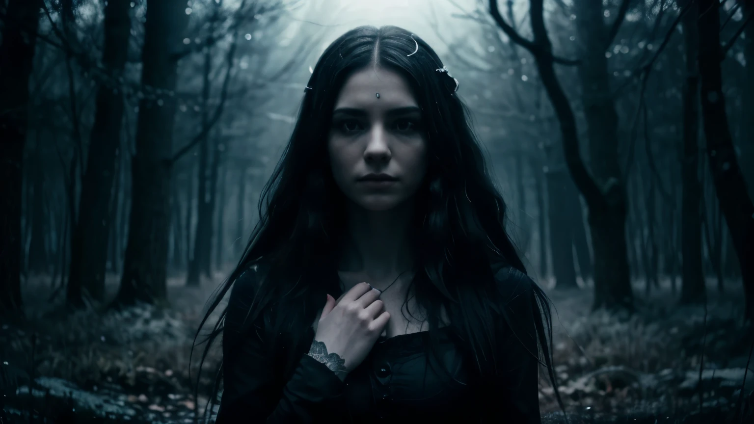 a creepy but beauty ghost young woman with beauty body and distorced face in the middle of a derk and creepy forest at a very dark night