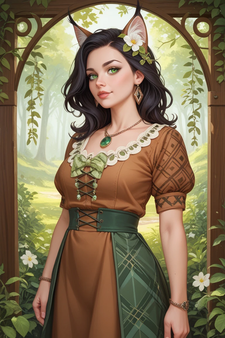 An illustrated movie poster, hand-drawn, full color, a teenage elven girl, wearing a lace bralette and bloomer shorts, toned, voluptuous hourglass figure, long pointy elf ears, amber eyes, dark hair, long messy waves, deep sun-tanned skintone, freckles, standing in a sunny olive grove, graphite shading, stencil marks, airbrushed acrylic paint, masterpiece, in the style of the Lord of the Rings