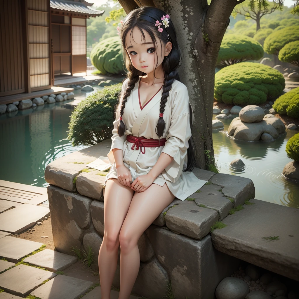 Cute BabiesChibiAnime,Braided hair has been generated,Ancient hair ornament, Japanese Garden.