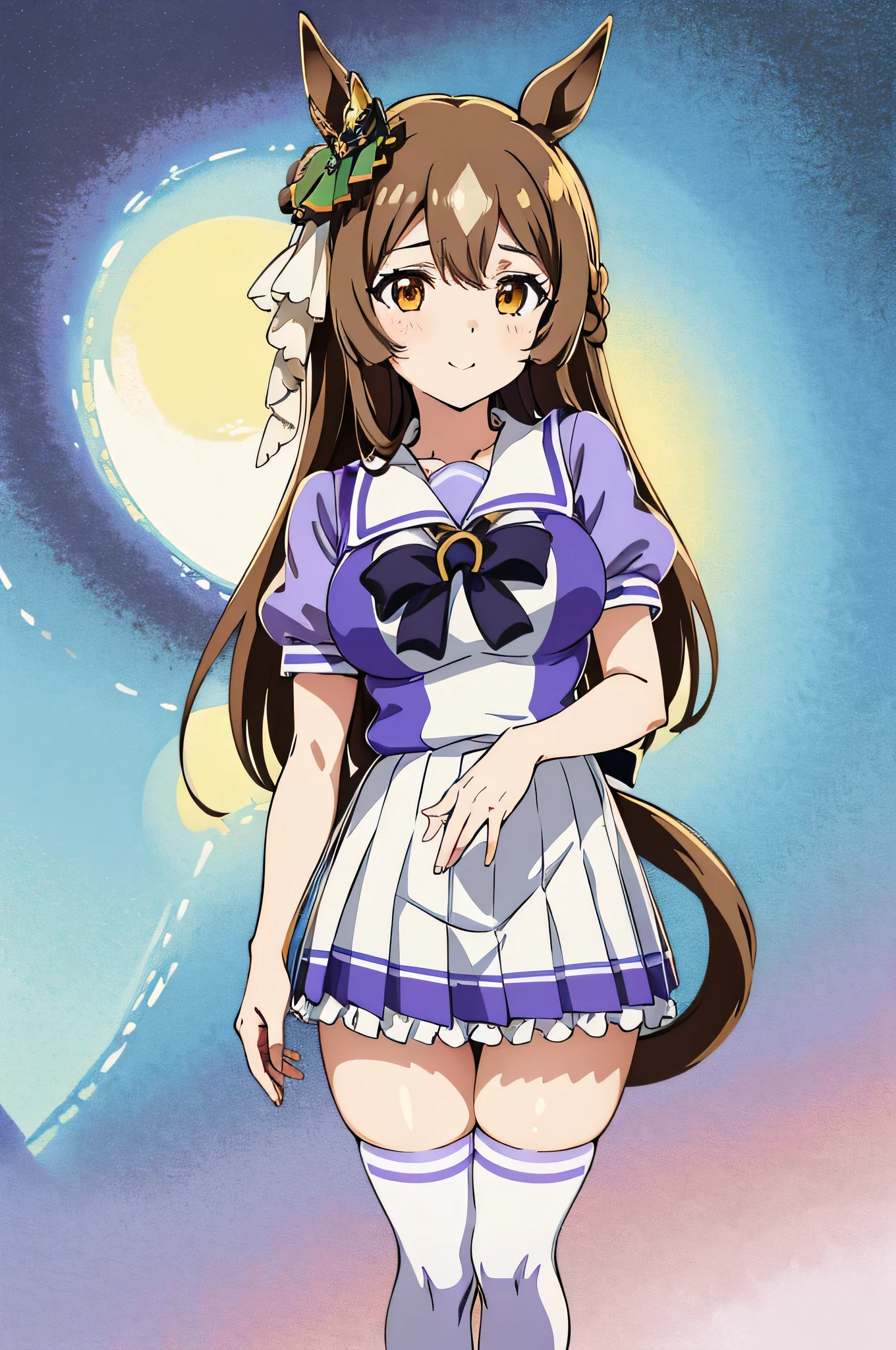 bbsato, long hair, half updo, braid, hair between eyes, animal ears, ear ornament, horse tail,brown hair,(Chibi,sketch,anime colours,close-up,Seiza,facing straight at viewer,Front view:1.2),tracen school uniform, Summer uniform, serafuku, Puffy Short Sleeves, purple bowtie, Horseshoe ornament, Sailor collar, sailor shirt, Purple shirt, White skirt, Pleated skirt, frilld, Miniskirt, zettai ryouiki, white thigh highs, Brown Footwear, lowfers,huge breasts,A smile,thighs thighs thighs thighs.Looking away,((highly detailed eyes)),anatomically correct,solo