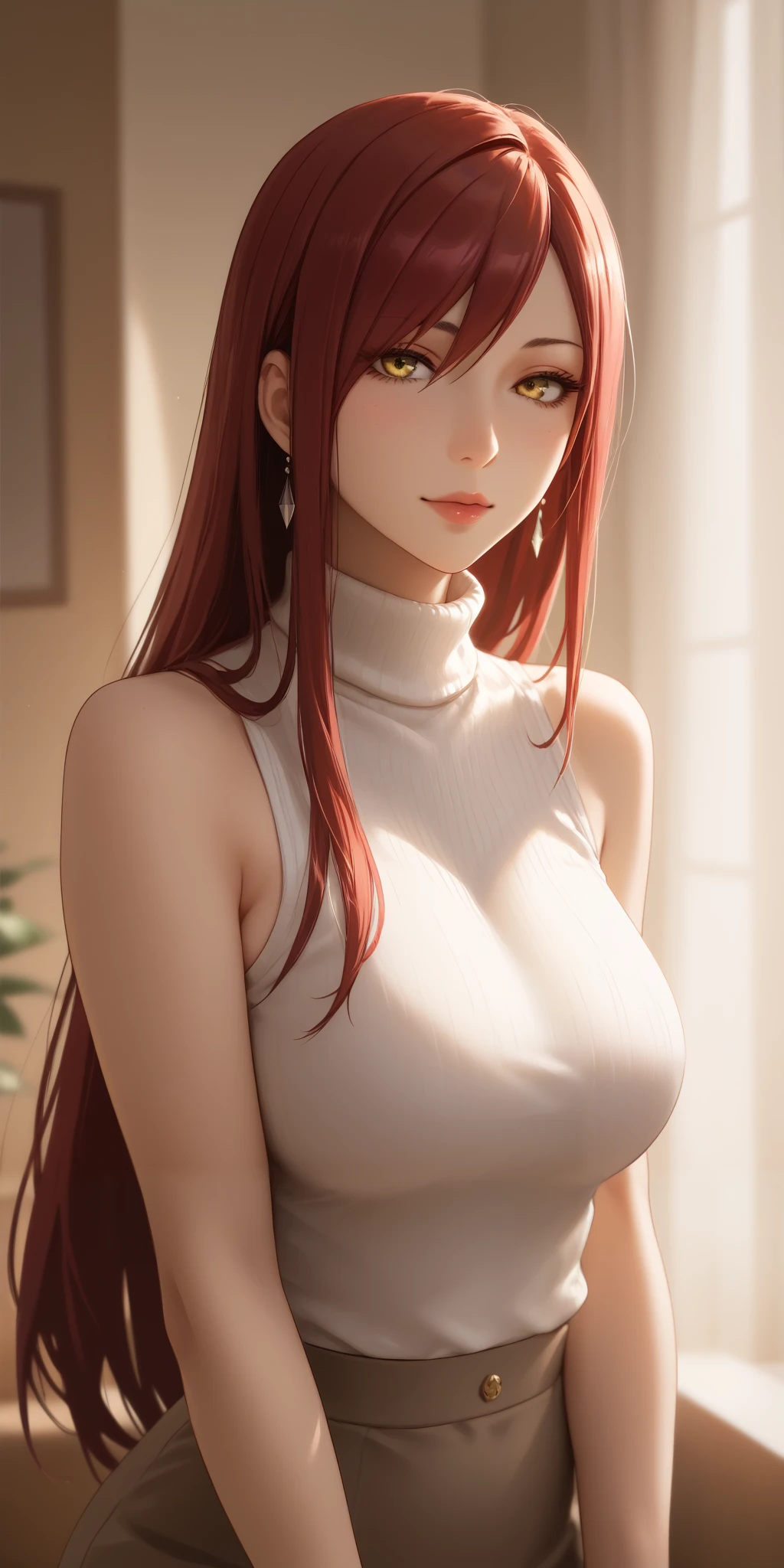 Score_9, Score_8_up, Score_7_up, Source_anime, anime art, anime style, masterpiece, best quality, very aesthetic, 1girl, mature woman, milf, curvaceous, long hair, side bangs, maroon hair,  sleeveless turtleneck, erza, seductive, perfecteyes, yellow eyes, upper body, home, soft light