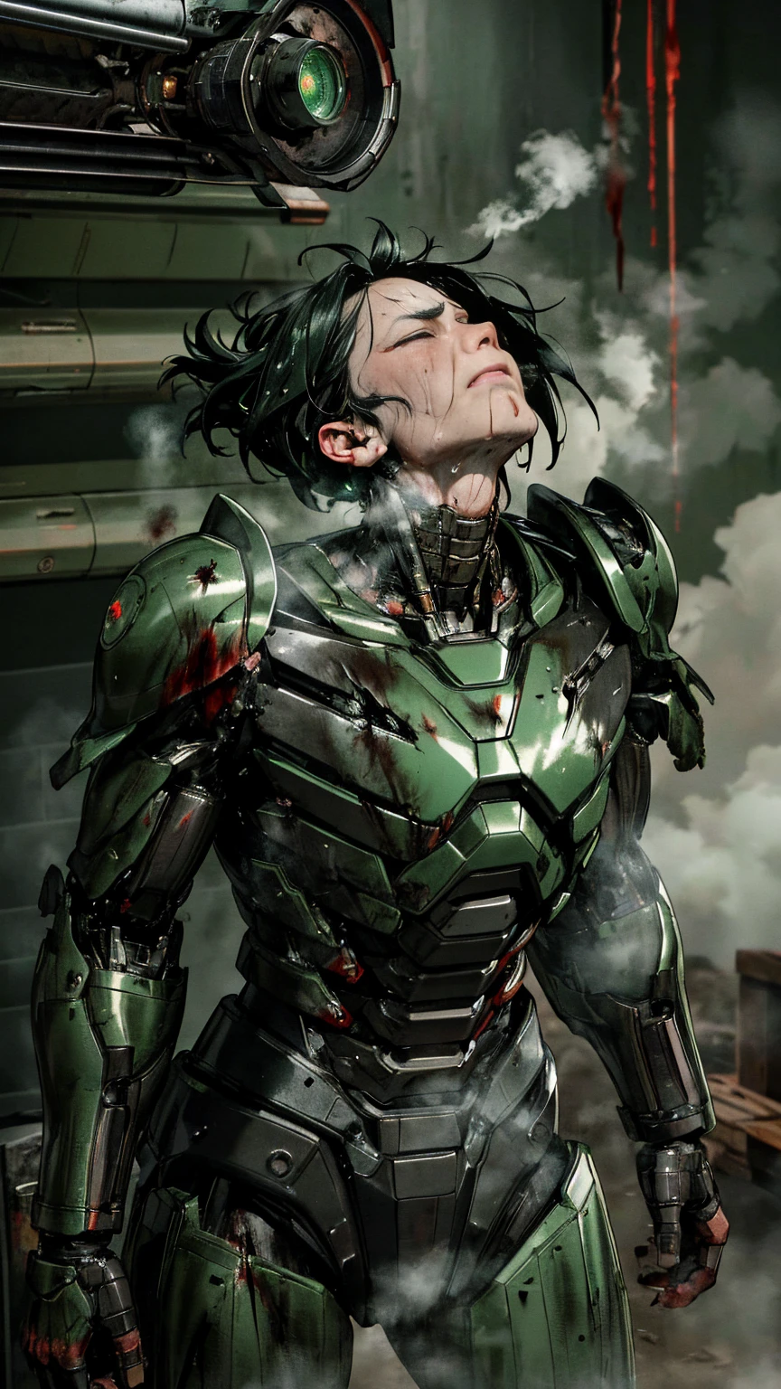 ,   very detailed ,   Graveyard Details   ,  High image quality , 最 High image quality ,   kampala, 1080P 、  Smoke from the Wound が出ている  　Fall to the ground　green armor、 the wrecked war machine steam comes out of the whole body  、cute((全身のSerious damage))( Severely injured woman ...) Blood spurts out of the wound )   Black Hair Dying Serious Illness 　 Damage 　  Shorthair　Stripped Armor 　 armor on one shoulder removed 　 wet hair  、 Open Your Mouth 、(  steam from the body  が上がる)Sweaty face　Serious damage、、Dripping saliva、　(  Steam is Coming Out of Your Face  ) ((  steam from the body  ))   eyes closed and in pain 　defeat　 Smoke from the Wound 　Overall tattered armor 　(Bright classroom)