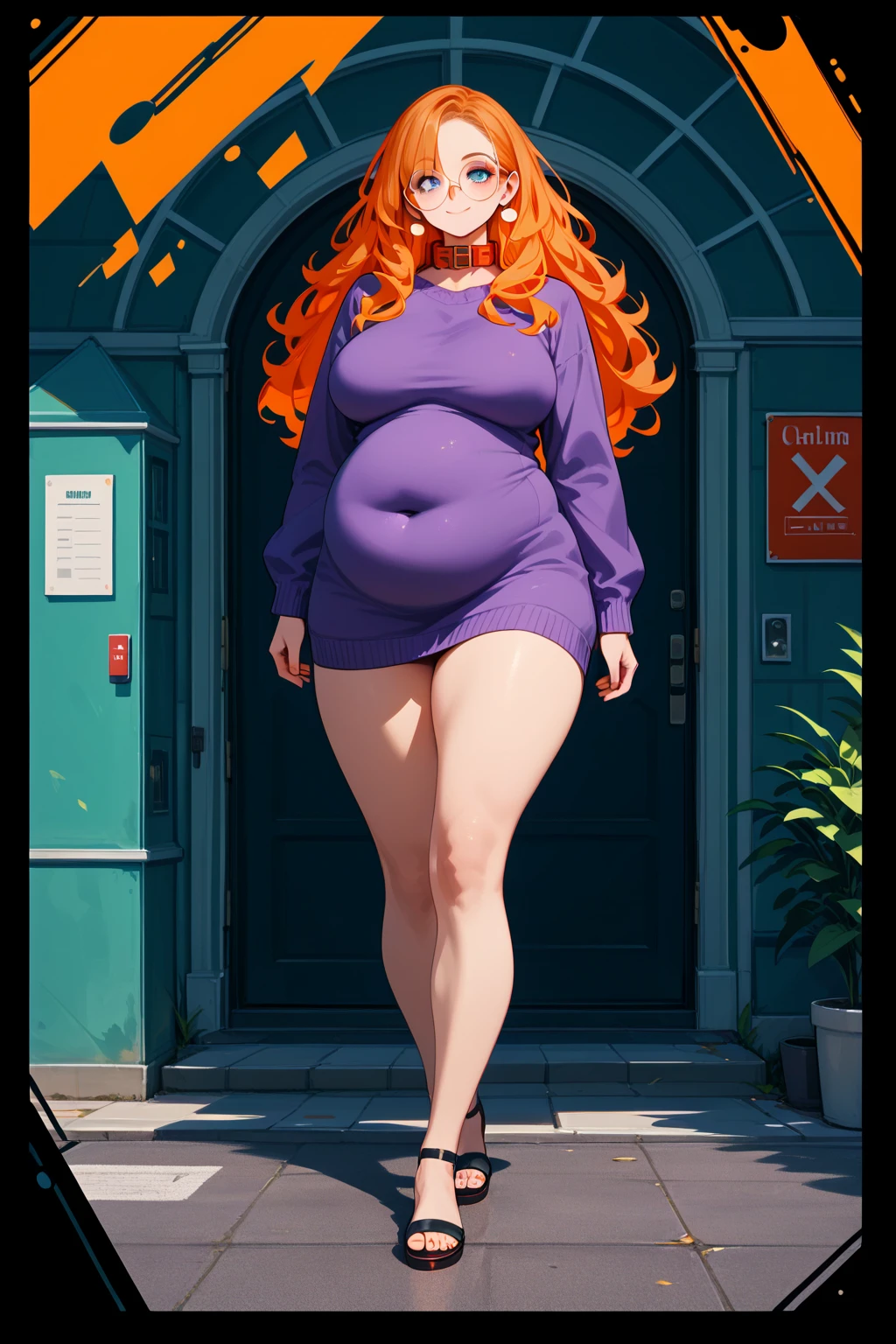 score_9, score_8_up, score_7_up, score_6_up, concept art, digital art, hyperrealistic, 8k, best quality, high quality, detailed background, on sidewalk,, walking, legs spread, 1female Jamie, standing,, wearing purple sweater dress, curly long hair, (orange hair:1.6), red highlights, blue eyes, big round glasses, red thick collar, wide, plump, heavy, curvy, big belly:0.7, flabby, big plump breasts,thick thighs, wide hips, feet, smile, standing up, seductive pose,