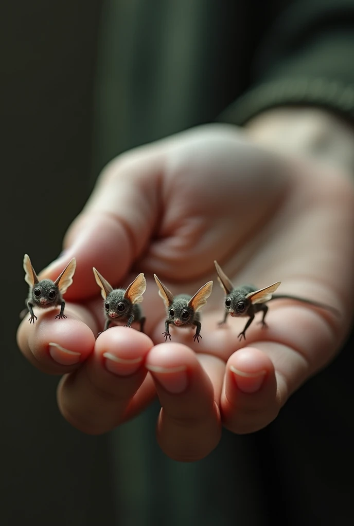 A highly detailed,creative close-up shot with a shallow depth of field,size tiny bats human fingers