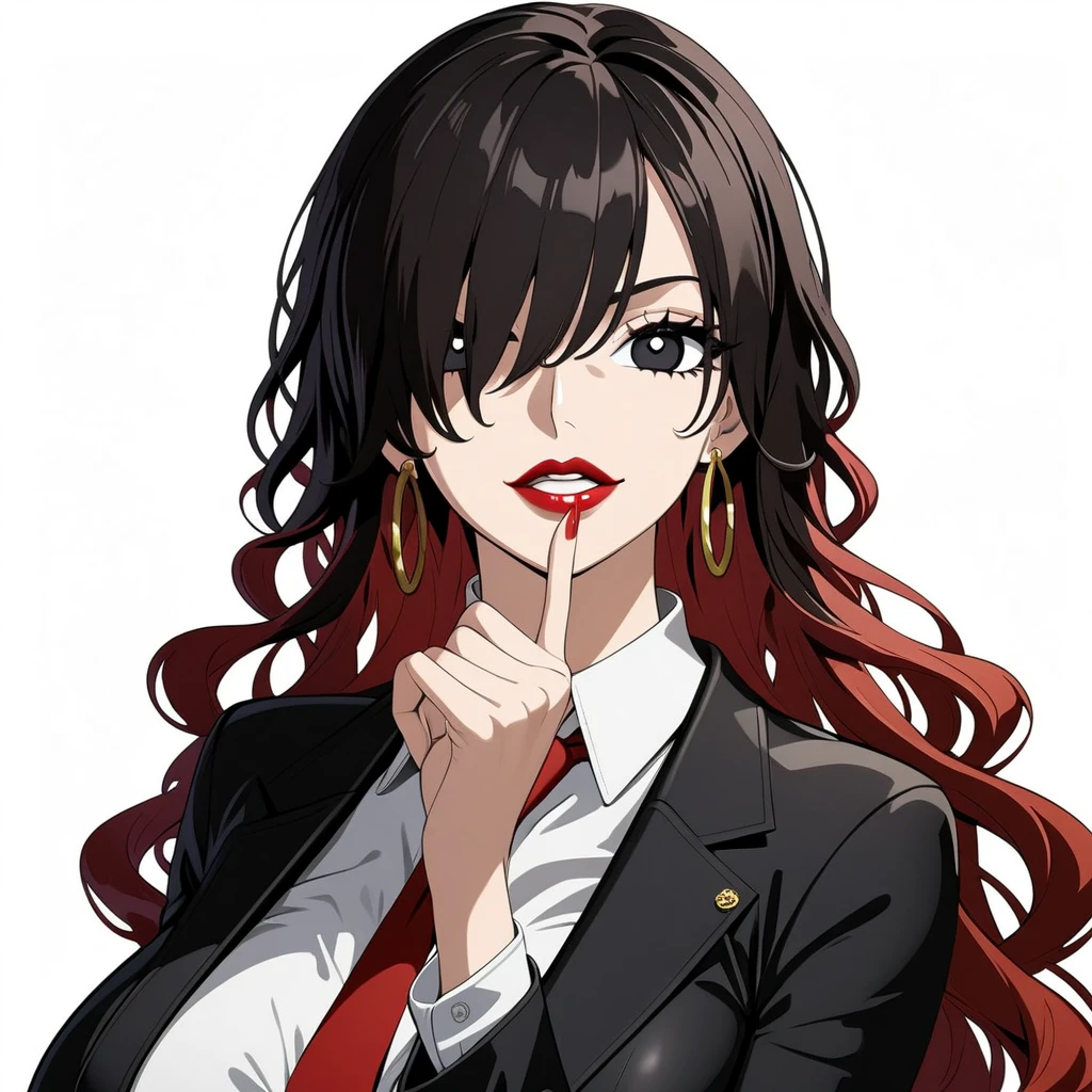 ((masterpiece)), ((high quality)),((ultra-detailed)), ((extremely detailed)),4K,8K, (character portrait), (((one piece))), (((pants suit))), office lady, black slim fit pants, (black skin tight office suits), pinstripe pants suit, white collared shirt, red necktie, 2, a beautiful woman, very tall woman with great style, female mafia-boss, perfect big breasts, perfect big breasts, plump ass, slender body, (((1girl))), (((solo))), long curly hair, black hair, black pupils, hair over one eye, perfect hands, perfect face, perfect eyes, perfect body, perfect legs, red lips, smile, red shiny pumps, (white plain background), hair over one eye, black hair, necktie, onepiecestyle,black eyes, black hair, hoop earrings, long hair, parted lips, hand on chin