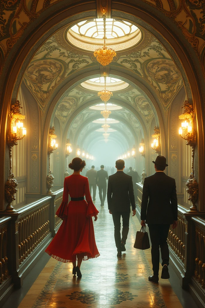 Picture of a couple in a metro station of the future, classic painting by Claude Monet, lighting with the colors of Claude Monet, highlights in mind-blowing red, dark environment, painting by Claude Monet