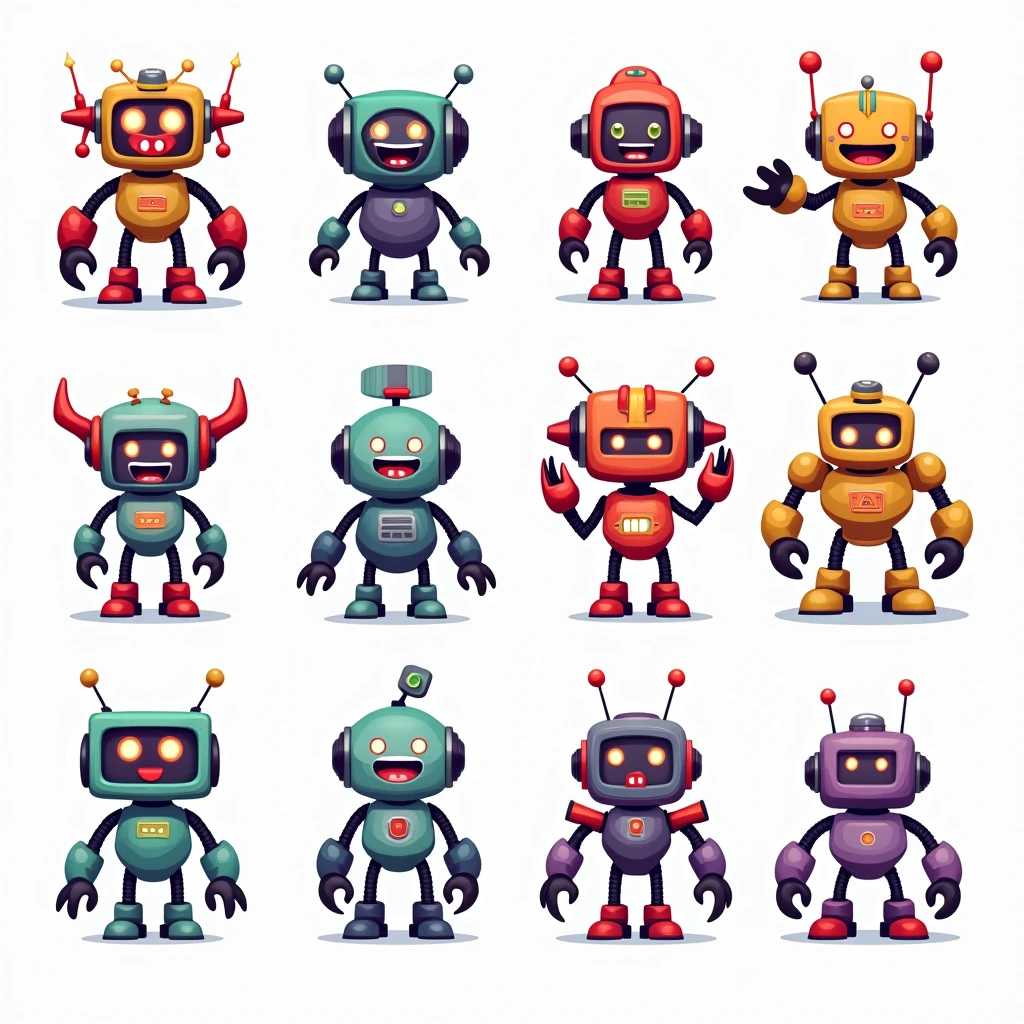 A playful modular robot in a colorful cartoon style, designed with interchangeable parts. It has a spherical head, a rectangular torso, and segmented limbs that can vary in shape and size. The 16 designs feature unique combinations of heads, torsos, arms, and legs, with accessories like rocket boosters, claw hands, antennae, and wheels. Each design has a vibrant color scheme with metallic, neon, and pastel elements, emphasizing fun and diversity. The robots have expressive cartoon faces with glowing eyes.