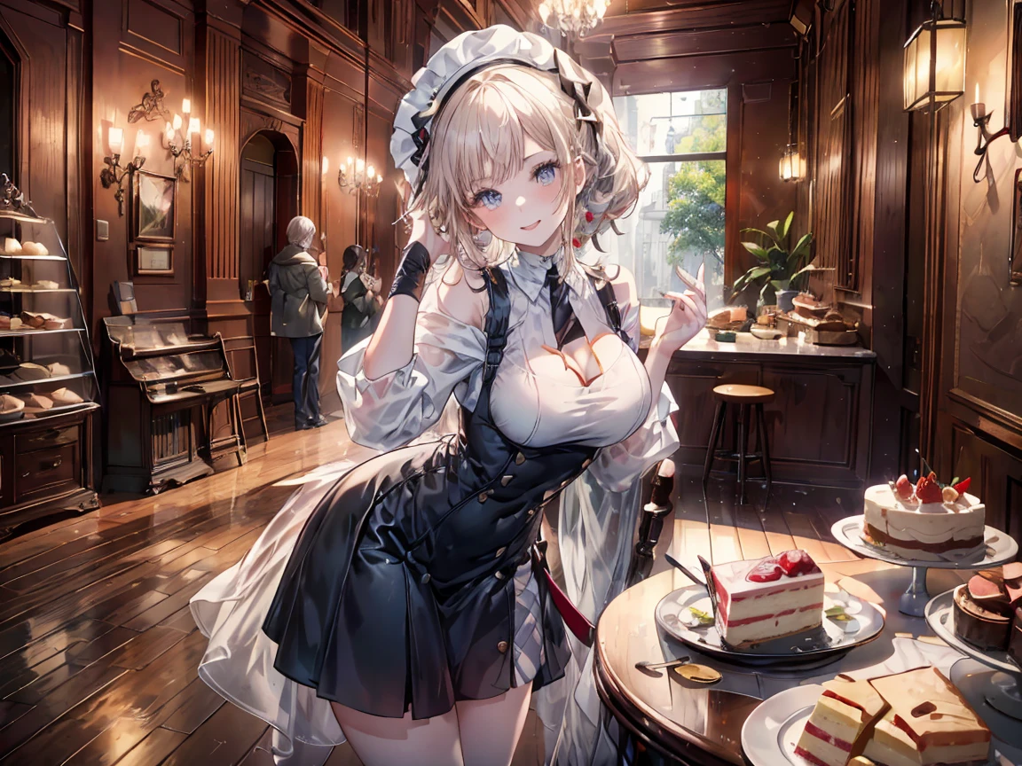 1 girl, small nose, very beautiful detailed face and eyes, bright colors, cute face, delicate beautiful face, Bright magenta eyes, cute eyes, sparkling eyes, Big eyes, (big breasts:1.3), (perky chest:1.1), (pointed chest:1.0), (cake magazine cover:1.3)，highest quality, WorKs of masters, High resolution,BlacK color hair，shiny hair, side ponytail,hair between eyes,bangs, (black jacket, real clothes, cleavage, black skirts, black thighhighs, thigh strap, fingerless gloves, single glove:1.2) , spread legs, panties shot, medium hips, glamorous body, white skin, smile, thin pubric hair, super beautiful face, Super beautiful eyes, Super beautiful hair，trendy outfit，sexy and attractive,full body esbian, Real World, Natural light,perfect Natural light,(with sparkling eyes and a contagious smile), This masterpiece is not only visually stunning but also tells, make of cake cooking , in the kitchen, open mouth, looking at viewer,

