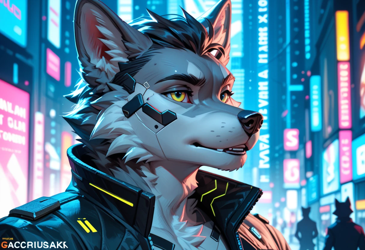 anthro furry wolf with dark grey fur , natural color ,  anthropomorphic wolf in a cyberpunk setting,  art, character reference, HD, furry character, 4k quality, masterpiece