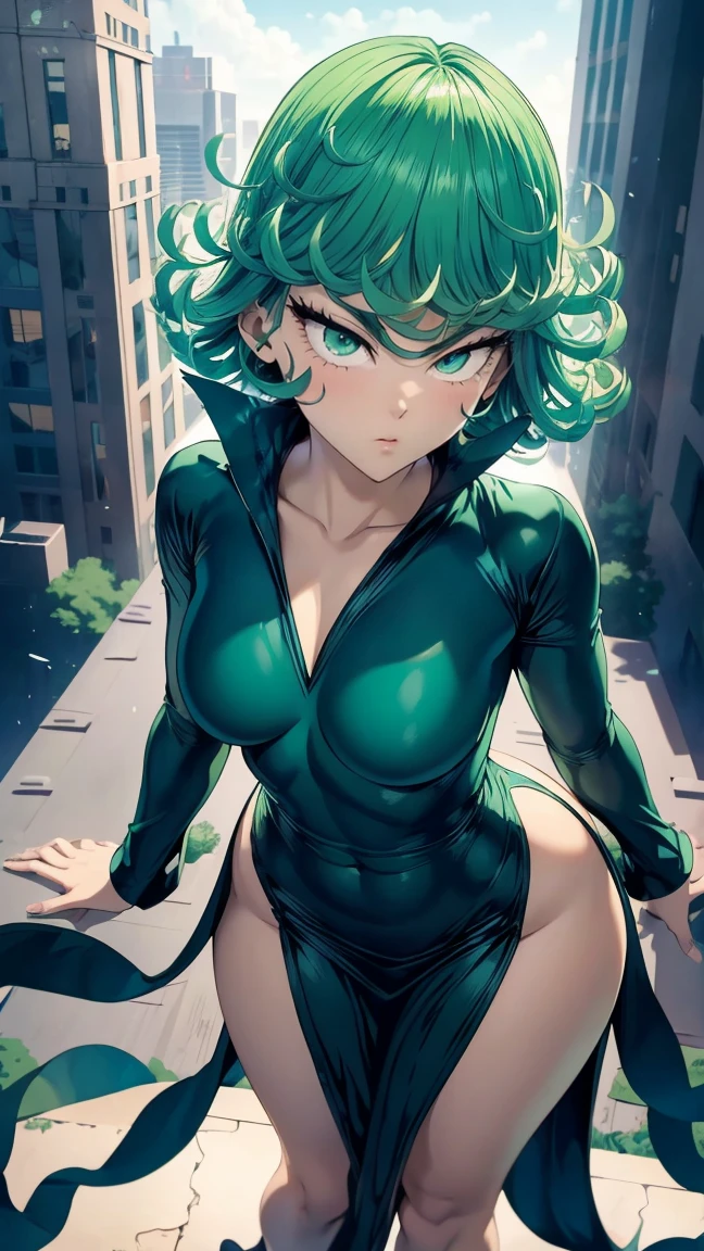 Tatsumaki , Dynamic positions have a golden part, fragile physique, Street, floats in the air, close up portrait, stands leaning towards the floor, beautiful , White Nurse's Coat, Short skirt, breasts fall out from under the robe, leans forward, very erotic, arches in the back, Portrait of a girl, standing in a sexy pose, leans forward, beautiful фигура, buttocks, beautiful грудь, very sexy, the texture is very durable，The picture is very clear and concise，incredibly beautiful，Temperament elegant，in a spacious room, One Punch Man, short green hair, green eyes, , heels, full body view, smiling