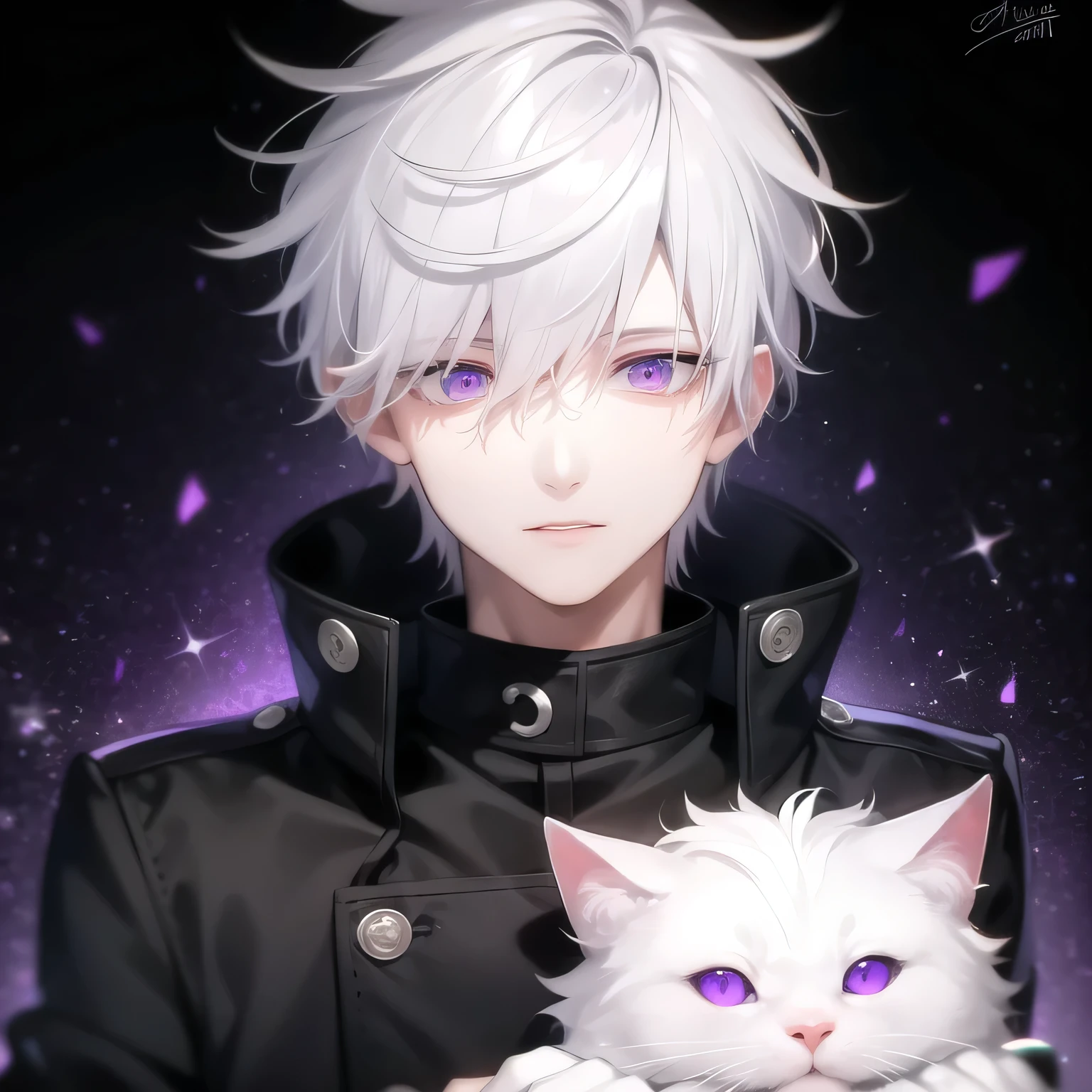 1boy, bangs, purple_eyes, eyebrows_visible_through_hair, gloves, gojou_satoru, hair_between_eyes, high_collar, long_sleeves, looking_at_viewer, male_focus, pov, short_hair, signature, simple_background, solo, _username, upper_body, white_background, white_gloves, white_hair, cuddling_white_cat