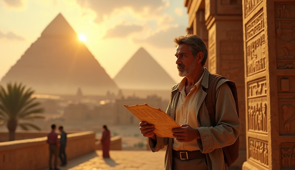 Masterpiece: russell crowe taking a selfie photo, in the construction of the pyramid in ancient Egypt, the sphinx in the background with many scaffolding, wooden stairs, workers, mammoths carrying stones, 8k, cinematic rendering, intricate