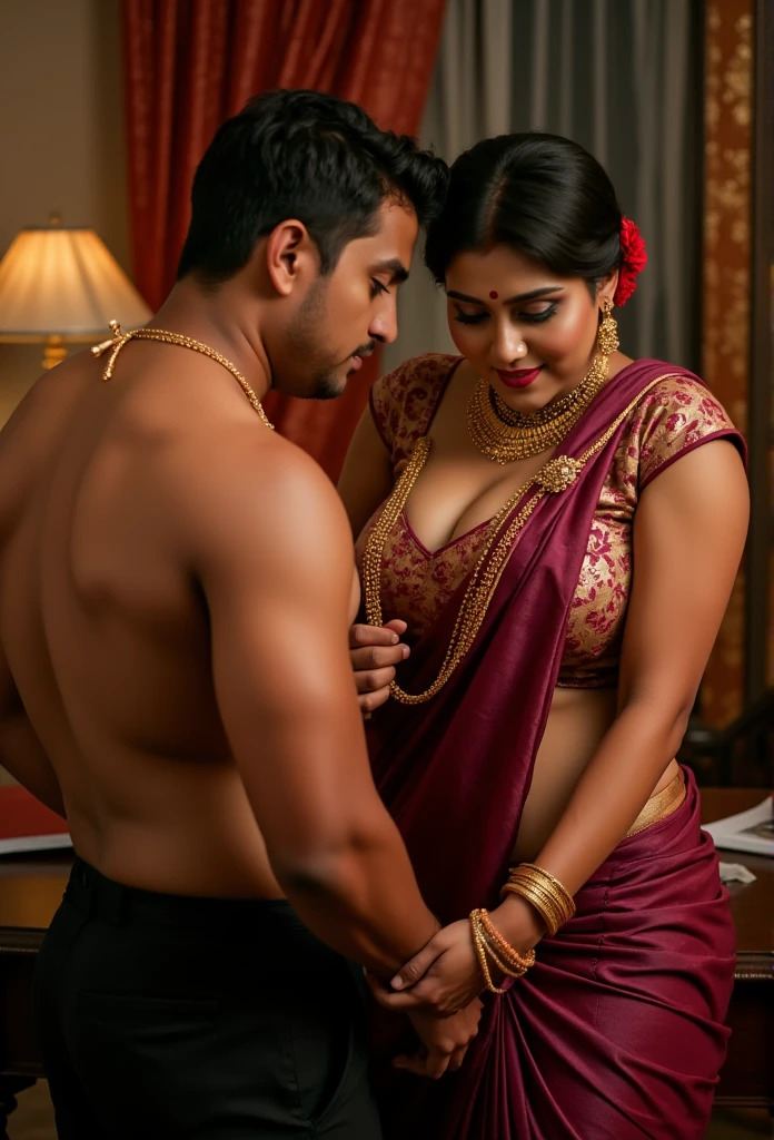 a 20-year-old shirtless man affectionately hugging and kissing aradiant, full-figured South Indian plus-sized 30 year old teacher wearing a blue silky saree in bed room, captured in a full-body image with vibrant hues and meticulous details. Full body image