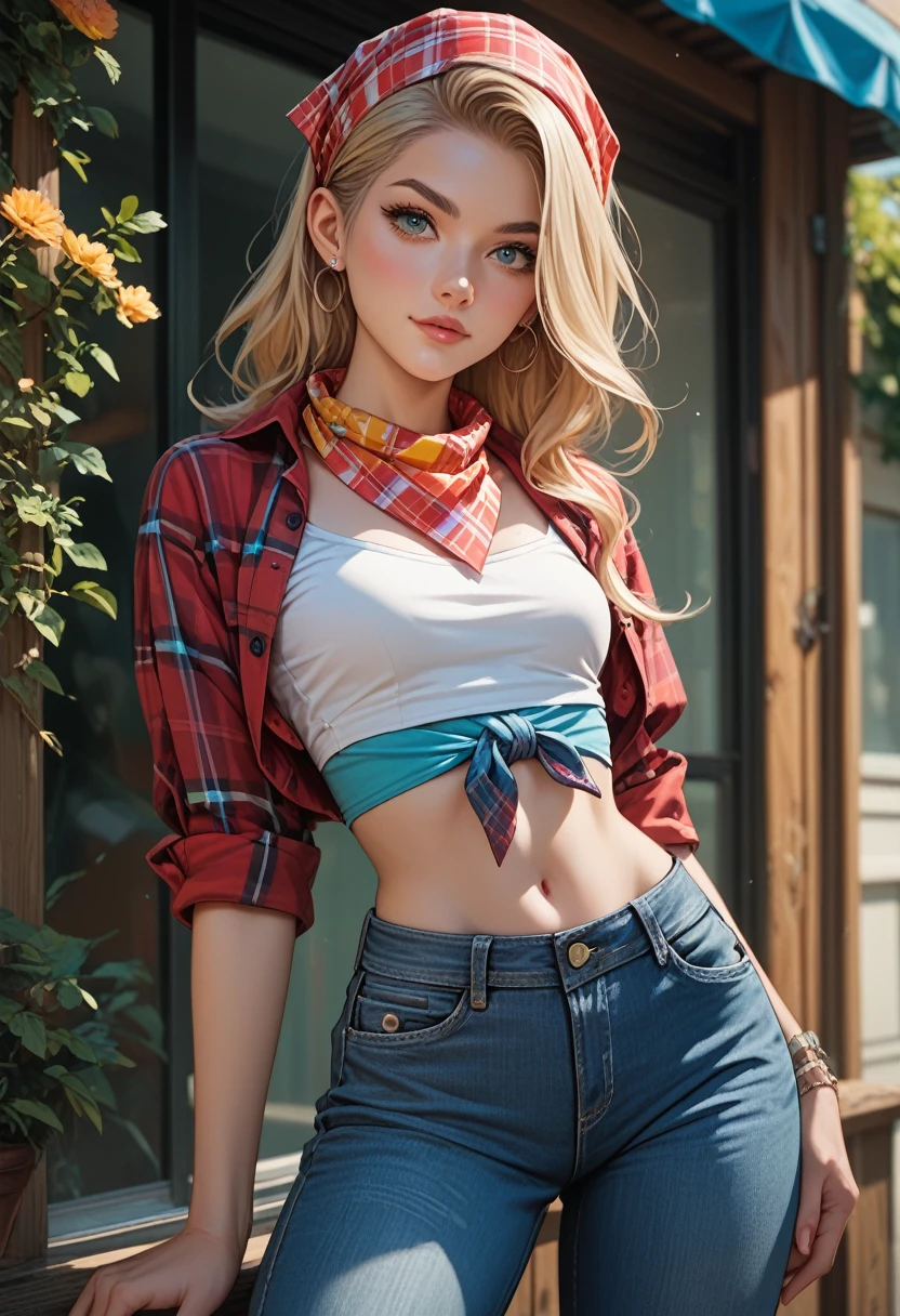 trendy young woman with long straight blonde hair tucked behind a colorful bandana, wearing a crop top with a flannel shirt tied around her waist and high-waisted jeans, small breasts, anime-style, waist-up, 