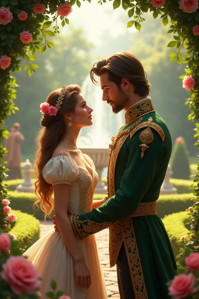 Two 1 Niels Visser is a prince with golden blonde hair, Wearing medieval military uniform、I'm in love with Lily Collins 2, I have curly black hair.、Person wearing a red dress, The two kiss very affectionately, Detailed romance book cover illustration, Smooth, Light background full of flowers, art by Greg Hildebrandt, Citemer Liu, Stjepan Sejic, Samyang, Aykut Aydogdu, Justin Gerard, Alphonse Mucha, ArtGerm, wlop, and greg rutkowski