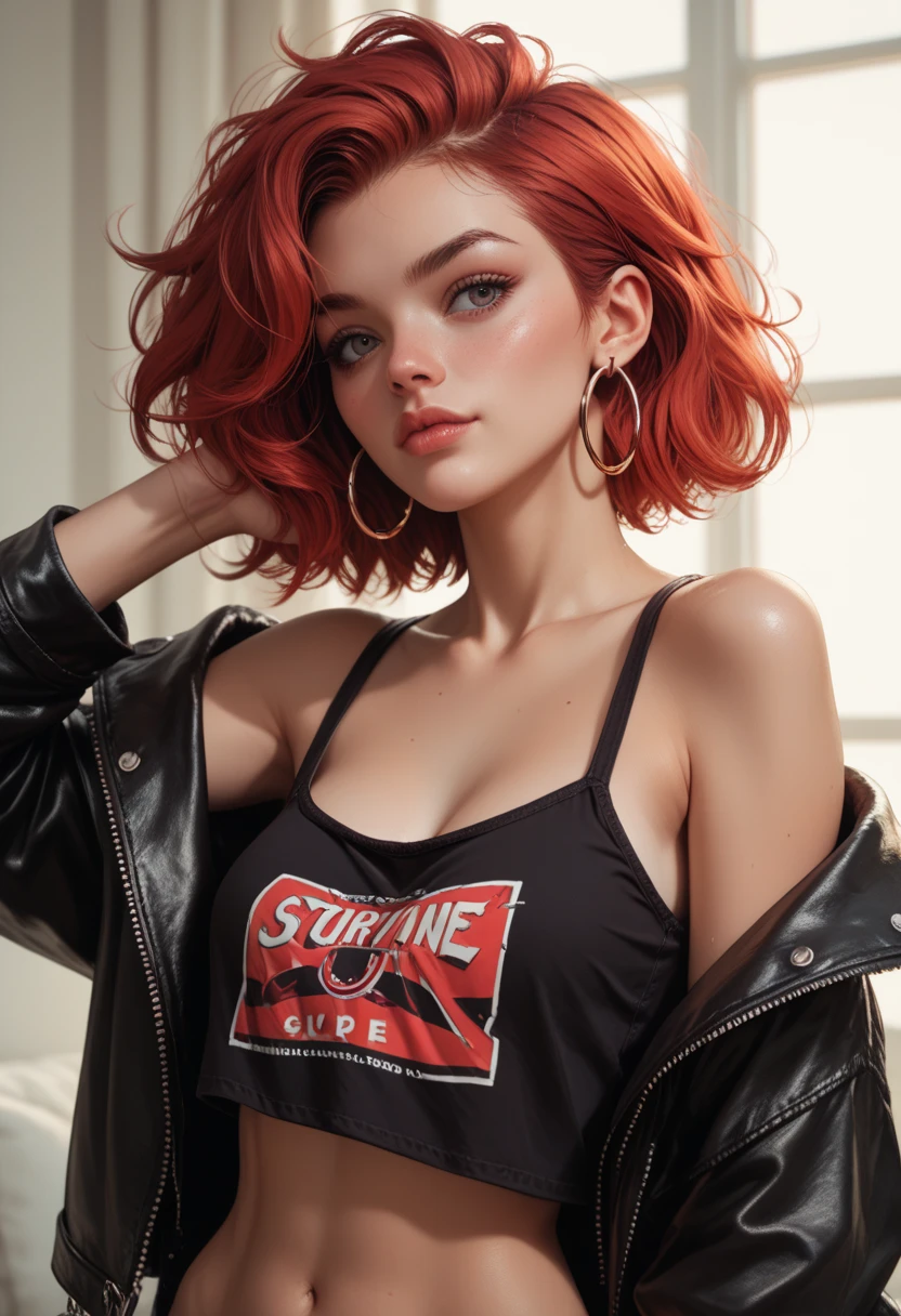 nude bold 90s girl with short spiky red hair and oversized hoop earrings, dressed in a leather jacket over a graphic tank top, medium breasts, 