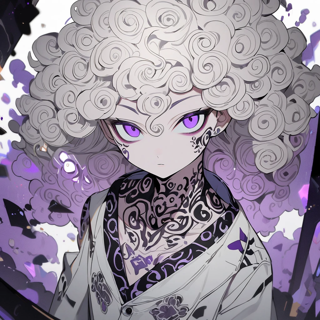 A young white man, curly hair with purple eyes and a tattooed neck.