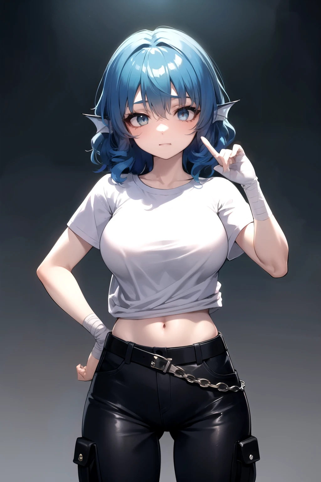 wakasagihime, 1women, age 20, big breast, thick, short stack, big head, 4'11, white eyes, blind, blue hair, short hair, head fins, t-shirt, leather pants, belt, adventurer's gear, hand bandages, fighter, pants, focused, masterpiece, best quality, standing strong, (fit:0.9), (muscular:0.9), shiny skin.