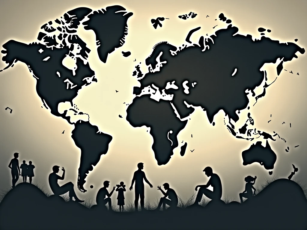 "Create a black-and-white editorial cartoon depicting the concept of Cultural Globalization and Global Multiculturalism. The image should feature a large globe at the center, with various cultural symbols from different parts of the world (e.g., the Eiffel Tower, a Japanese Torii gate, a Native American headdress, African tribal masks, Indian mandalas) swirling around it, as if being drawn into the globe. Around the globe, human figures representing different ethnicities and cultures should be shown holding hands, symbolizing unity and multicultural harmony. The style should be sketch-like, with bold lines and a slightly exaggerated, caricatured style typical of editorial cartoons."