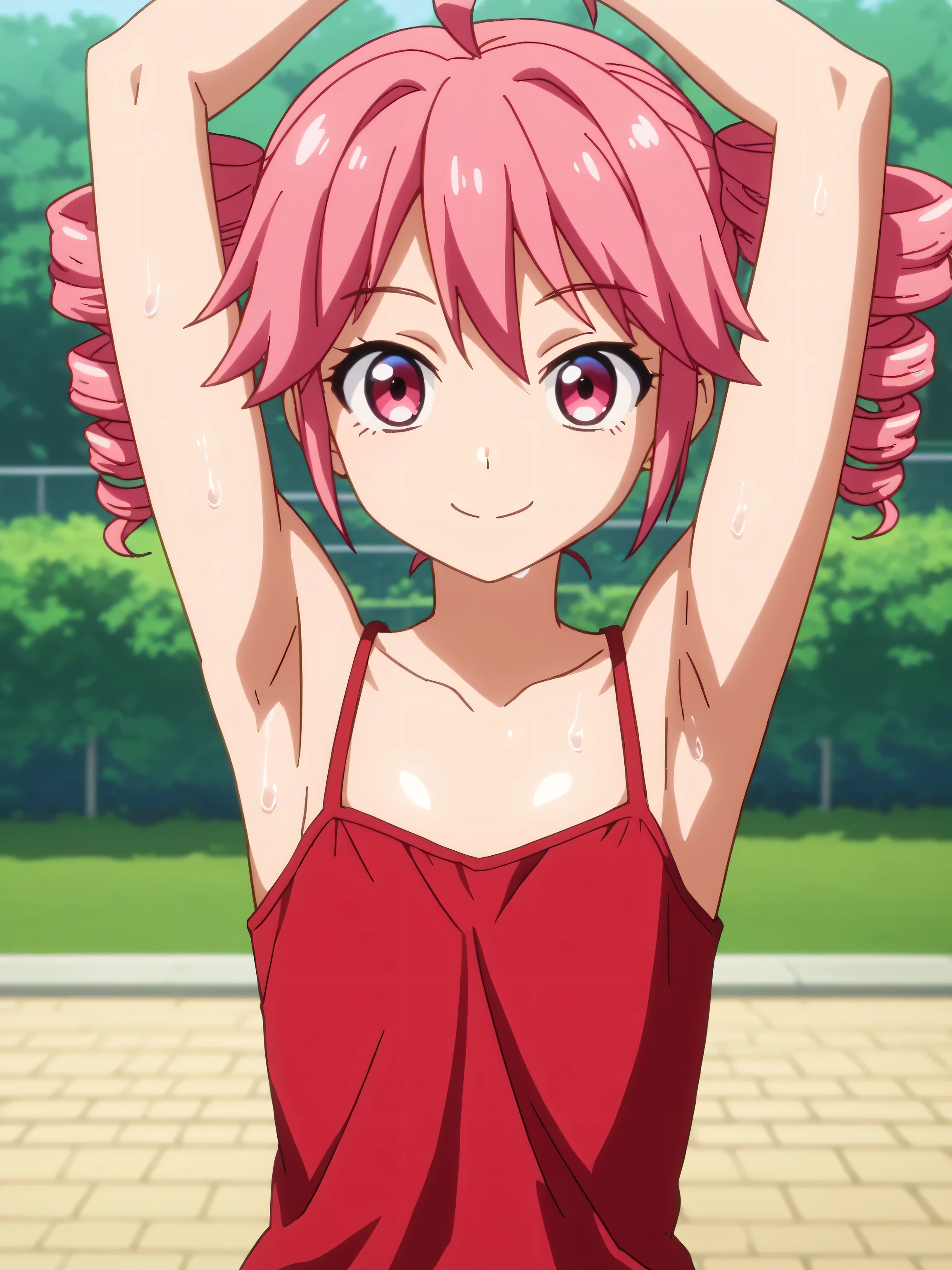 score_9, score_8_up, score_7_up, source_anime, anime screencap, 1girl, solo, teto kasane, ahoge, pink eyes, drill hair, pink hair, red camisole, spaghetti straps, arms up, raised arms, armpits, from above, looking at viewer, head towards viewer, smile, closed mouth, badhandv4, outdoors, day, park, sweaty 