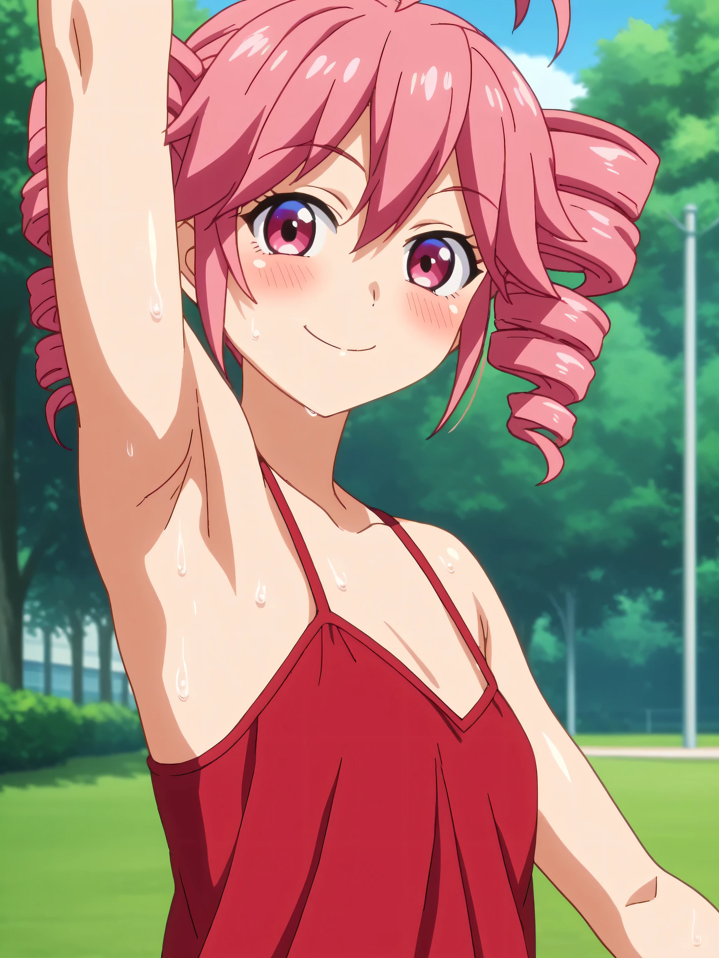 score_9, score_8_up, score_7_up, source_anime, anime screencap, 1girl, solo, teto kasane, ahoge, pink eyes, drill hair, pink hair, red camisole, spaghetti straps, arms up, raised arms, armpits, from above, looking at viewer, head towards viewer, smile, closed mouth, badhandv4, outdoors, day, park, sweaty 