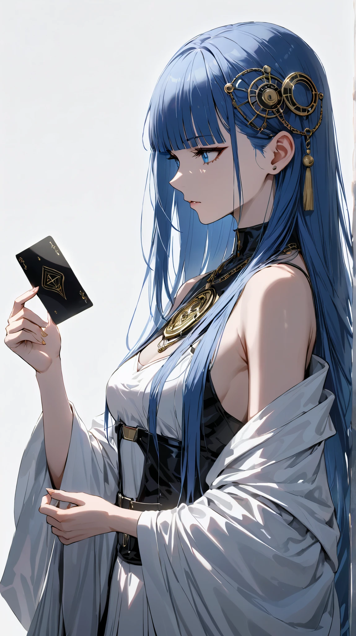 from side ,cowboy shot, Female Tarot reader holding one card,Grab the card with your fingers. hands holding card,miniskirt , fortune teller's robe,Fortune teller's chain hair ornament,hand, {{masterpiece}}, {{{Highest quality}}},{{Very detailed}},,Straight hair,Long hair , blunt bangs,blue eyes,One card,,(((white background))),girl
,cyberpunk,