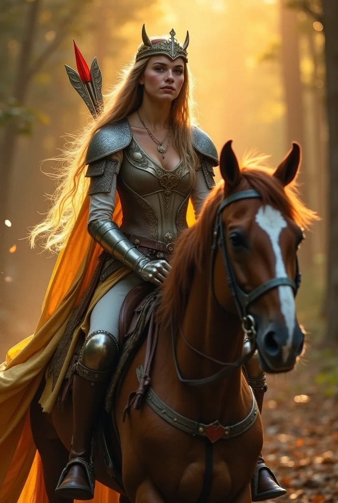 a young lady is riding the horse,using an arrow to the in front while riding. she wear a very sexy warior kit,but it clearly shows her body, she has a small crown on her head. she has a sword in her belt. she is riding in the forest. the goldern bright spread as very small dust around her..her eyes are sharp dark blue. she is like a sexy fairy