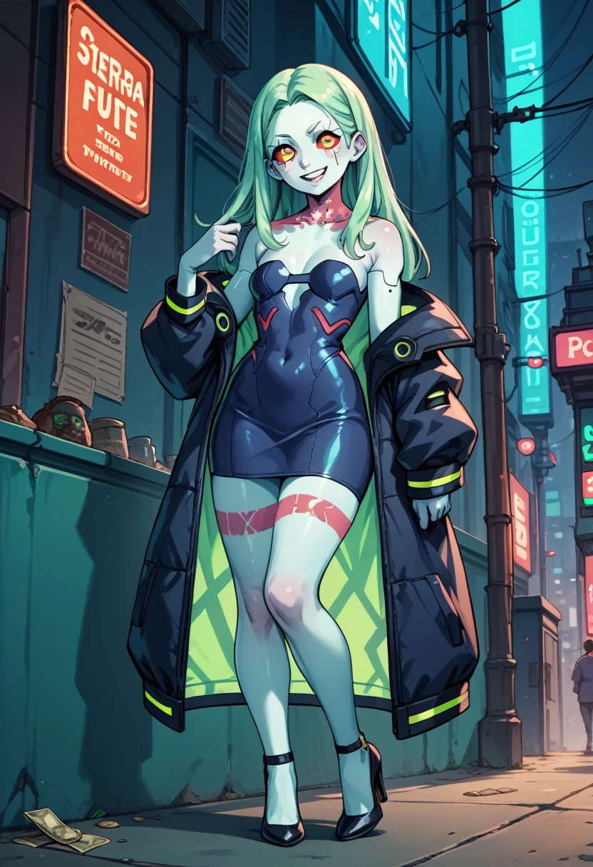 masterpiece, best quality, highres, 1girl, rebecca \(cyberpunk\), solo, long hair, mechanical eye, colored sclera, red sclera, colored skin, white skin, leg tattoo, neck tattoo, green hair, long hair, small breasts, underwear, fang, red pupils, skin fang, red eyes, black jacket, standing, cyberpunk house, smirking