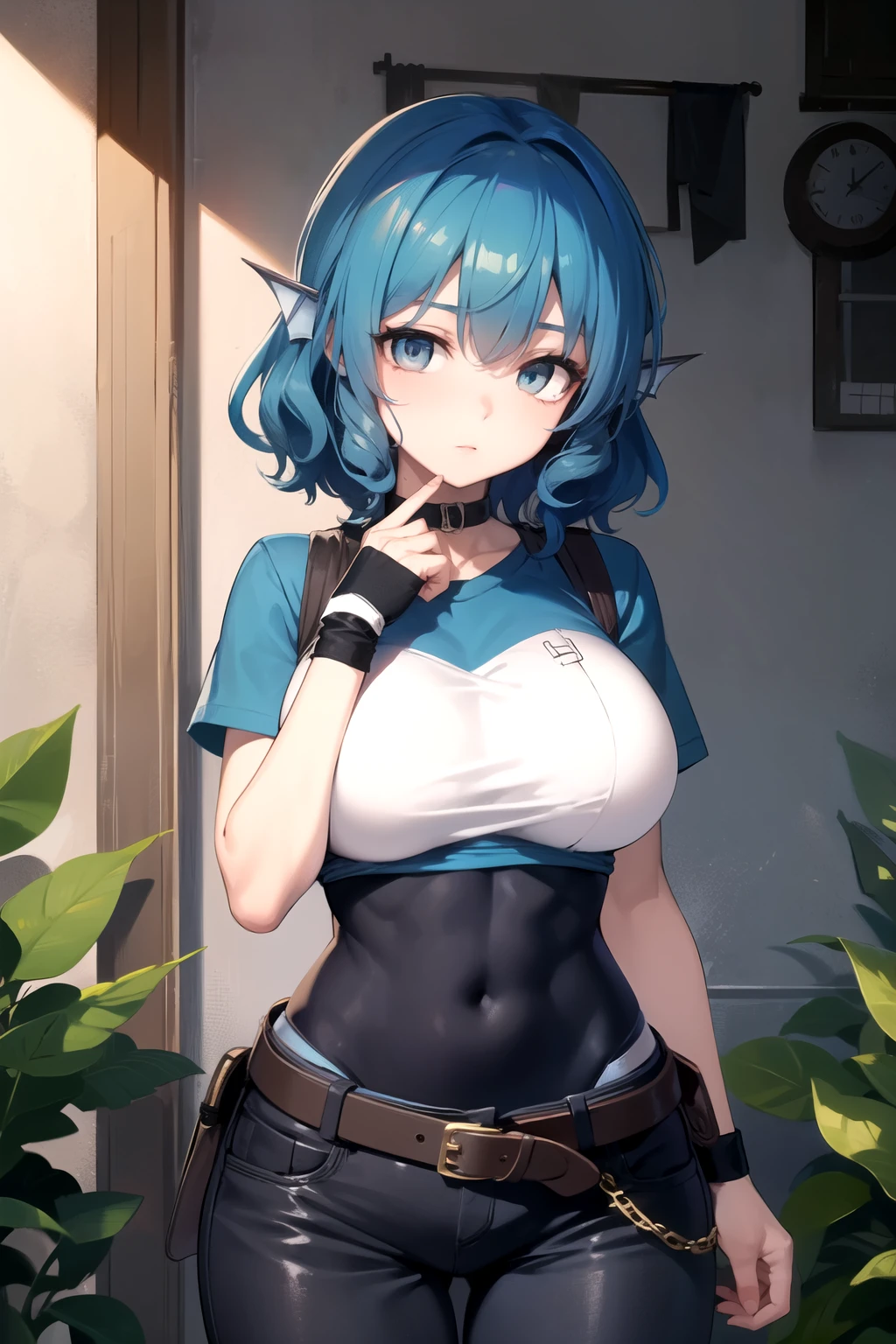 wakasagihime, 1women, age 20, big breast, thick, short stack, big head, 4'11, white eyes, blind, blue hair, short hair, head fins, t-shirt, leather pants, belt, adventurer's gear, hand bandages, fighter, pants, focused, masterpiece, best quality, (fit:0.9), (muscular:0.9), shiny skin.