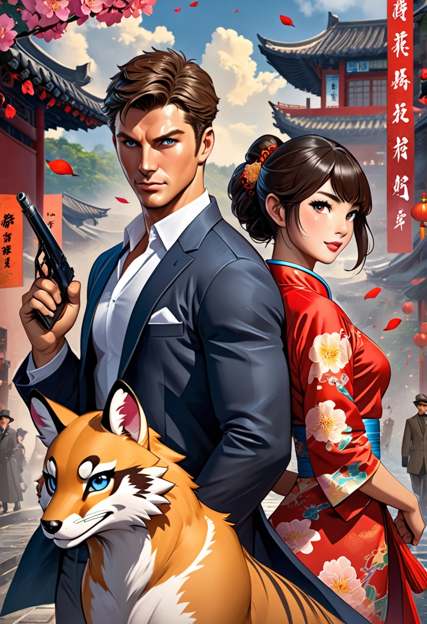 movie poster, movie artwork, concept art of love, romance novel cover, highres, top quality, best quality, perfect artwork, absurdres, perfect anatomy(couple, young 1male detective, 1woman in Chinese dress)(furry, kemono, anthro))with some elements of 007, battle,