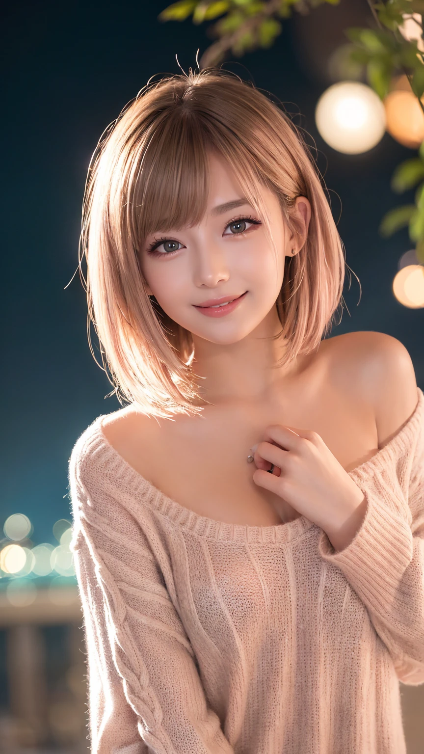  light pink hair , Pink Eyes,  pink and white , Cherry leaves,  bright color ,  white dress,  paint splashes ,  simple background,  ray tracing,  wavy hair、 beautiful smile, beautifully detailed night sky, Night view,  Movie Lighting,  written boundary depth,  lens flare light 、date、(  blush nose )、、(Shut up) small breasts、  beautiful eyes that pay attention to every detail、(sweater:1.1)、( golden shorthair :1.2)、 FLOATING HAIR NOVA FROG STYLE 、