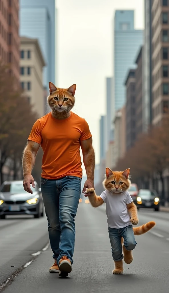 A muscular cat is walking with his child. Then, some bad people attack the cat. The gets scared, and the muscular cat fights them off. The starts crying, and the muscular cat tells him not to cry. The bad people get angry, and the muscular cat fights them off again and hands them over to the police.