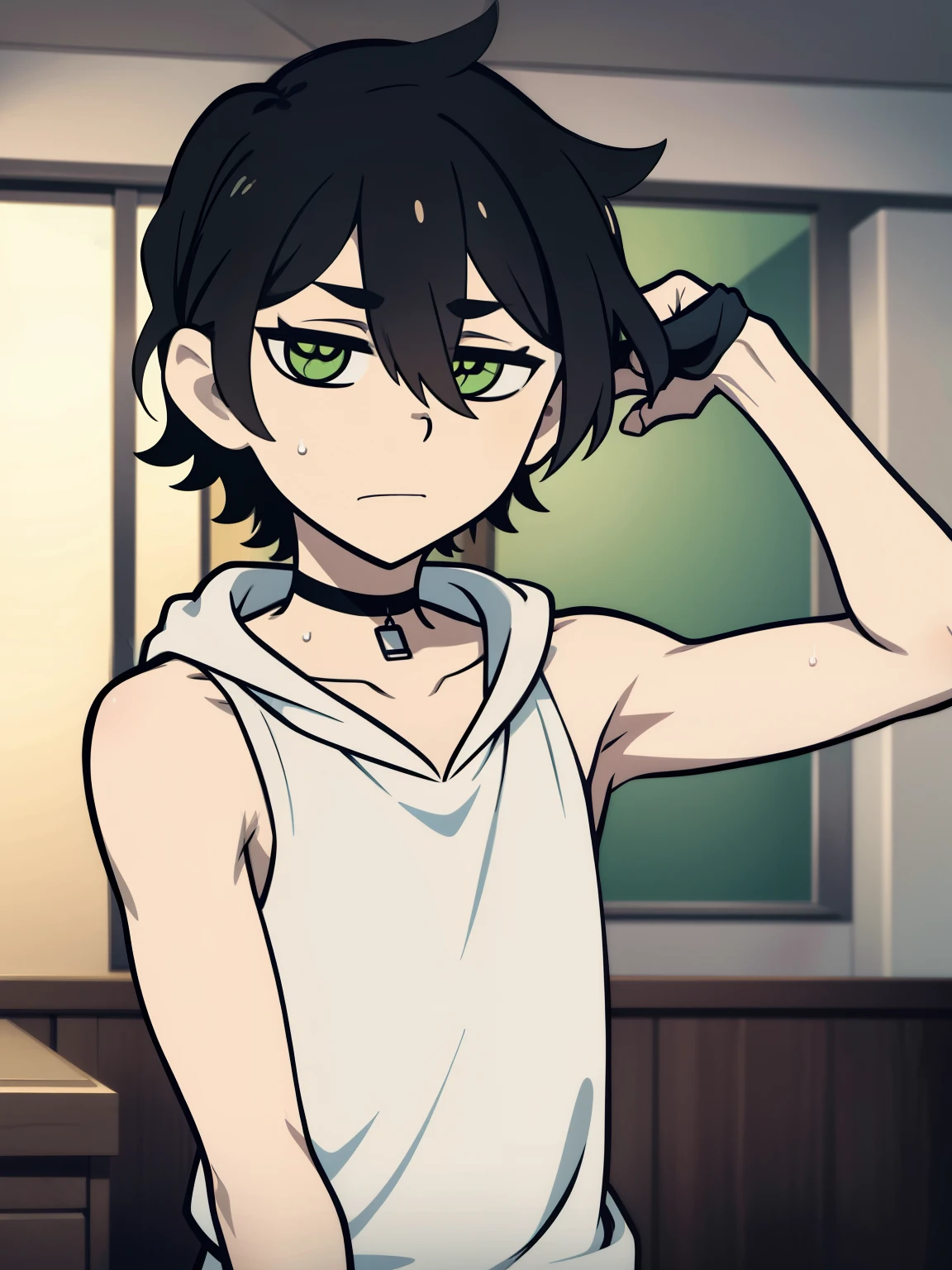 Highres, Masterpiece, Best quality at best,Best Quality,hight quality, hight detailed, Anime style, 1boy, Shota, young boy, Young andy graves, hair between eyes, closed mouth,black hair, green eyes, Slim body, messy hair, look at viewer, Sleeveless hoodie, Bare shoulder, choker, Flat chest, upper body, White beckground, bright pupils, outline, white pupils, white outline, bold outline, (Showing armpit), Cute armpit, hansome boy, White beckground, hansome boy, Uhd, bokeh, sweat