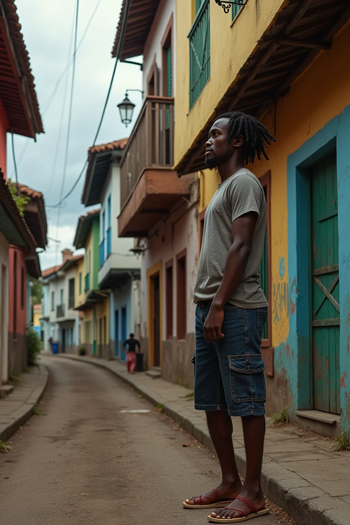 Loneliness African boy seen from behind in a street in Guadeloupe