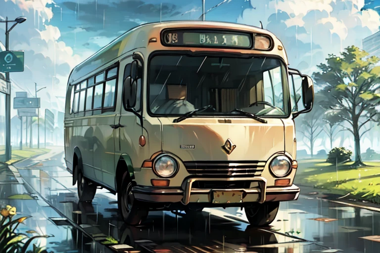 bus, rusty, rain